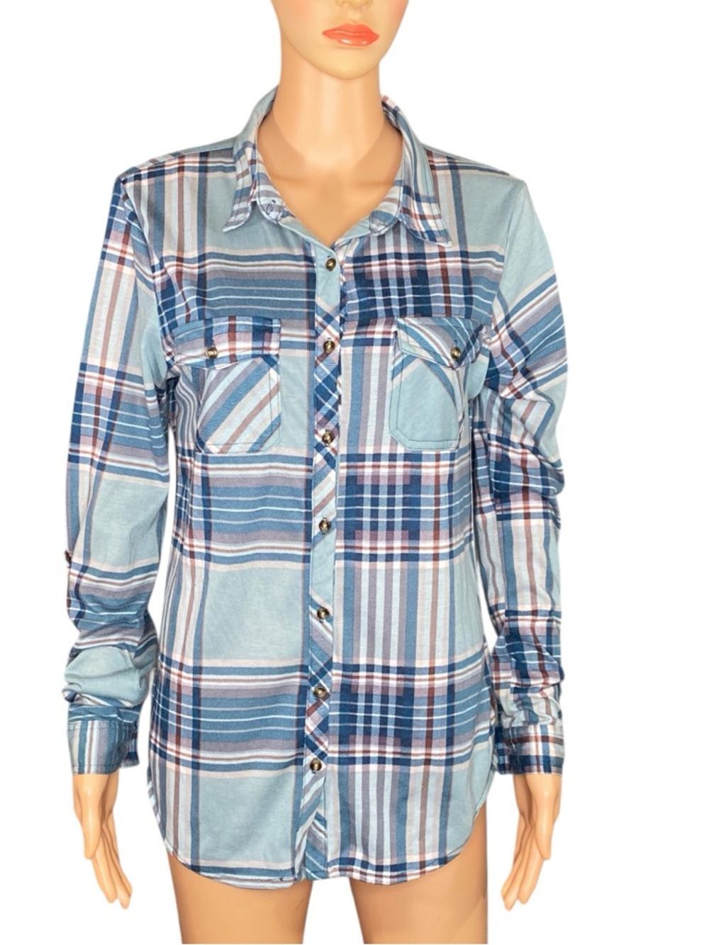 Day Trip Flannel Button Down Convertible button Sleeve Tabs Pool Blue Plum SZ Lg